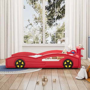 English Elm Wooden Race Car Twin Platform Bed with Built-in Storage for Kids Bedroom Fun Red N701P465364J
