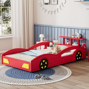 English Elm Wooden Race Car Twin Platform Bed with Built-in Storage for Kids Bedroom Fun Red N701P465364J