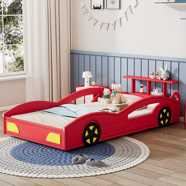 English Elm Wooden Race Car Twin Platform Bed with Built-in Storage for Kids Bedroom Fun Red N701P465364J