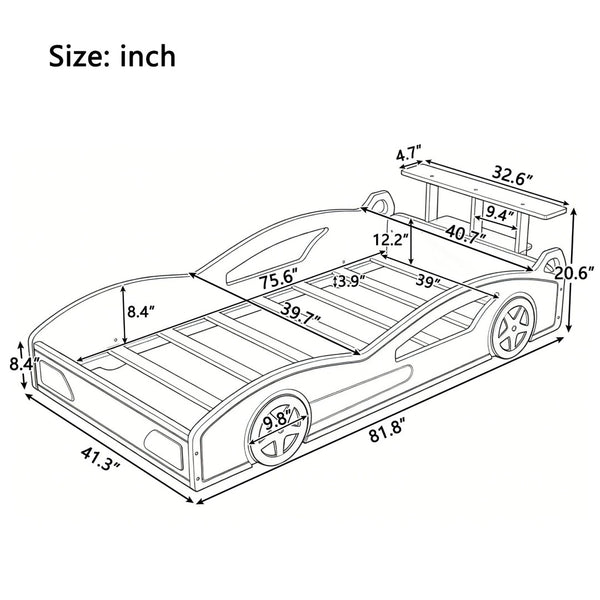 English Elm Wooden Race Car Twin Platform Bed with Built-in Storage for Kids Bedroom Fun Red N701P465364J