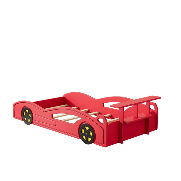 English Elm Wooden Race Car Twin Platform Bed with Built-in Storage for Kids Bedroom Fun Red N701P465364J