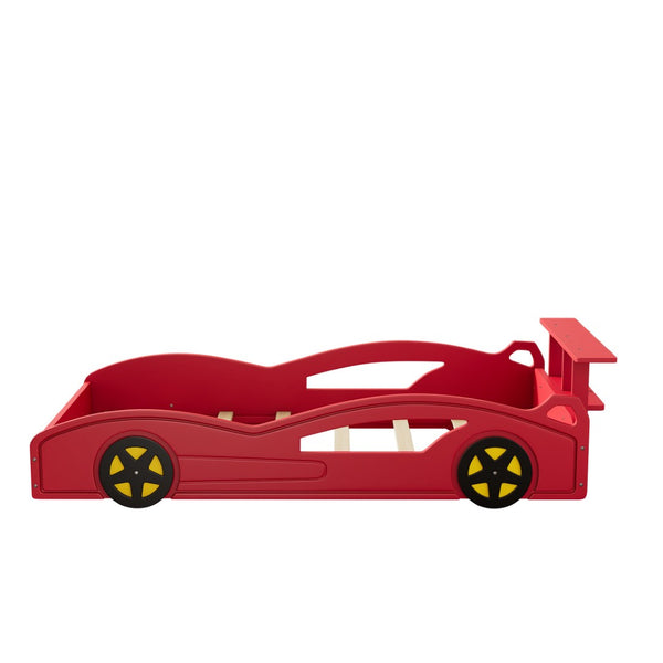 English Elm Wooden Race Car Twin Platform Bed with Built-in Storage for Kids Bedroom Fun Red N701P465364J
