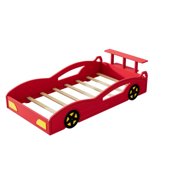English Elm Wooden Race Car Twin Platform Bed with Built-in Storage for Kids Bedroom Fun Red N701P465364J