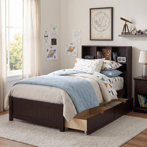 English Elm Twin Storage Bed Bookcase Headboard Built-In Downlight Charging Station Drawers Espresso N701P465375D
