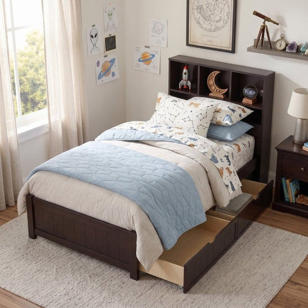 English Elm Twin Storage Bed Bookcase Headboard Built-In Downlight Charging Station Drawers Espresso N701P465375D