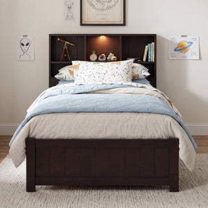 English Elm Twin Storage Bed Bookcase Headboard Built-In Downlight Charging Station Drawers Espresso N701P465375D