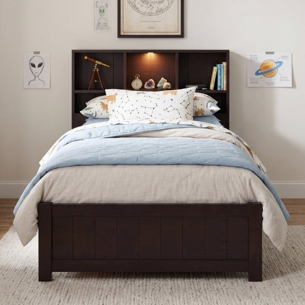 English Elm Twin Storage Bed Bookcase Headboard Built-In Downlight Charging Station Drawers Espresso N701P465375D