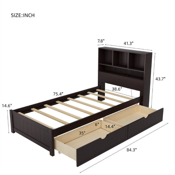 English Elm Twin Storage Bed Bookcase Headboard Built-In Downlight Charging Station Drawers Espresso N701P465375D