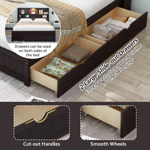 English Elm Twin Storage Bed Bookcase Headboard Built-In Downlight Charging Station Drawers Espresso N701P465375D
