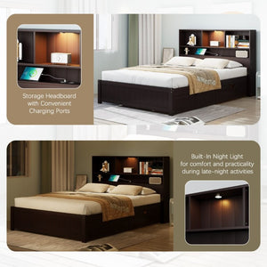 English Elm Twin Storage Bed Bookcase Headboard Built-In Downlight Charging Station Drawers Espresso N701P465375D
