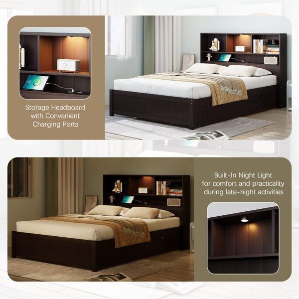 English Elm Twin Storage Bed Bookcase Headboard Built-In Downlight Charging Station Drawers Espresso N701P465375D