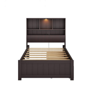 English Elm Twin Storage Bed Bookcase Headboard Built-In Downlight Charging Station Drawers Espresso N701P465375D