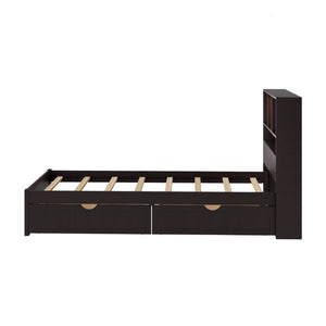 English Elm Twin Storage Bed Bookcase Headboard Built-In Downlight Charging Station Drawers Espresso N701P465375D