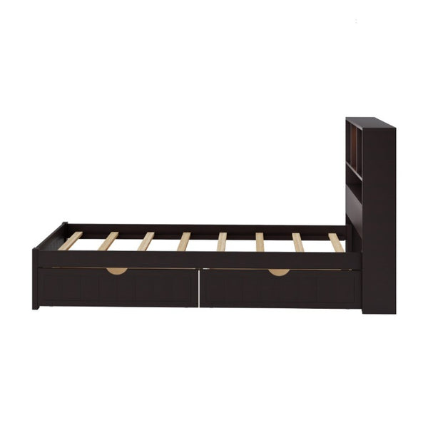 English Elm Twin Storage Bed Bookcase Headboard Built-In Downlight Charging Station Drawers Espresso N701P465375D