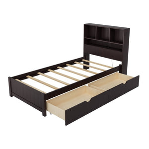 English Elm Twin Storage Bed Bookcase Headboard Built-In Downlight Charging Station Drawers Espresso N701P465375D