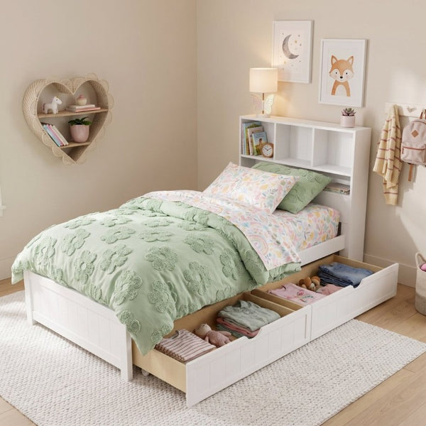 English Elm Twin Storage Bed Bookcase Headboard Built-In Downlight Charging Station Drawers White N701P465375K