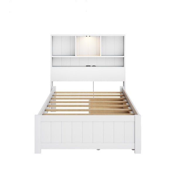 English Elm Twin Storage Bed Bookcase Headboard Built-In Downlight Charging Station Drawers White N701P465375K