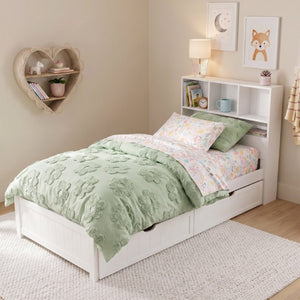 English Elm Twin Storage Bed Bookcase Headboard Built-In Downlight Charging Station Drawers White N701P465375K