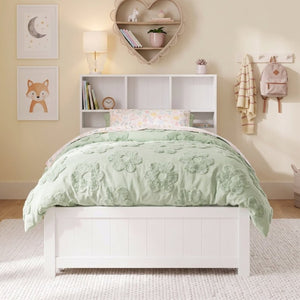English Elm Twin Storage Bed Bookcase Headboard Built-In Downlight Charging Station Drawers White N701P465375K