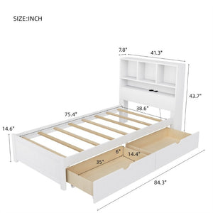 English Elm Twin Storage Bed Bookcase Headboard Built-In Downlight Charging Station Drawers White N701P465375K