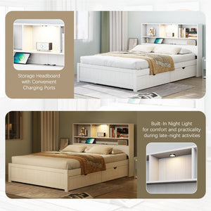 English Elm Twin Storage Bed Bookcase Headboard Built-In Downlight Charging Station Drawers White N701P465375K