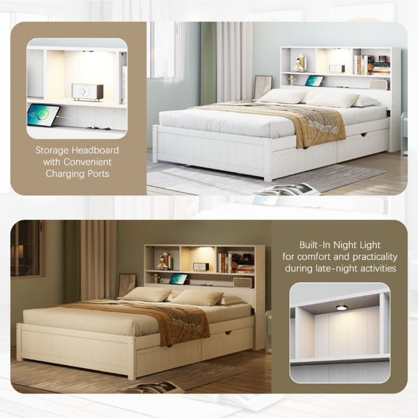 English Elm Twin Storage Bed Bookcase Headboard Built-In Downlight Charging Station Drawers White N701P465375K