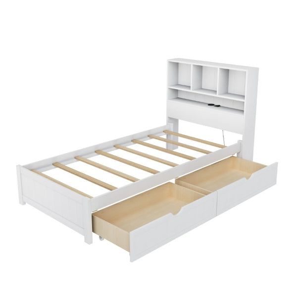 English Elm Twin Storage Bed Bookcase Headboard Built-In Downlight Charging Station Drawers White N701P465375K