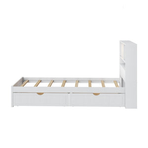 English Elm Twin Storage Bed Bookcase Headboard Built-In Downlight Charging Station Drawers White N701P465375K