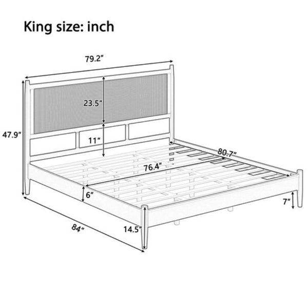 English Elm King Platform Bed Woven PE Rattan Headboard Matte Black Boho Coastal Pine Frame N701P472136B