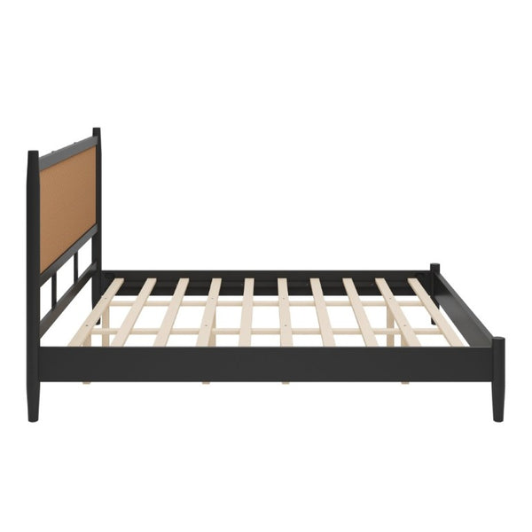 English Elm King Platform Bed Woven PE Rattan Headboard Matte Black Boho Coastal Pine Frame N701P472136B