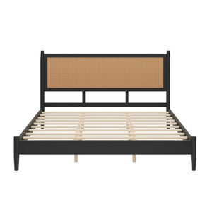 English Elm King Platform Bed Woven PE Rattan Headboard Matte Black Boho Coastal Pine Frame N701P472136B