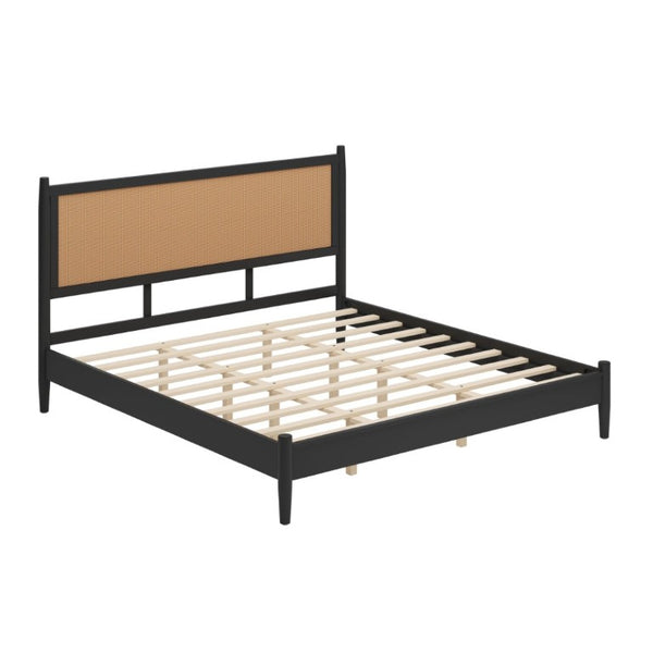 English Elm King Platform Bed Woven PE Rattan Headboard Matte Black Boho Coastal Pine Frame N701P472136B