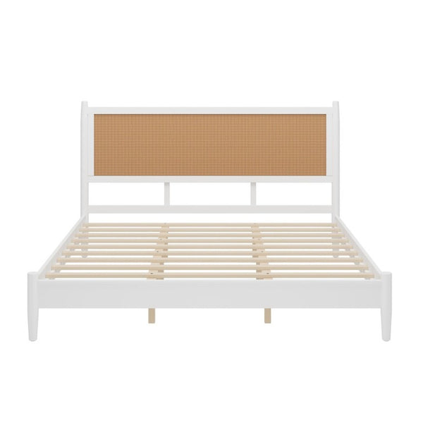 English Elm King Platform Bed Woven Rattan Headboard White Pine Frame Boho Coastal Bedroom N701P472136K