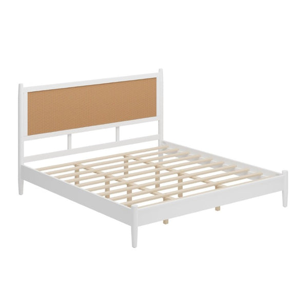 English Elm King Platform Bed Woven Rattan Headboard White Pine Frame Boho Coastal Bedroom N701P472136K
