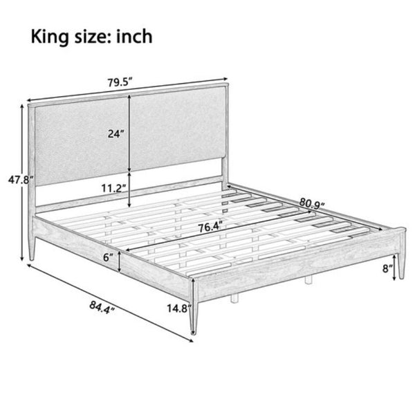 English Elm Mid-Century King Platform Bed Boucle Upholstered Headboard Solid Wood Tapered Legs Black N701P473015B