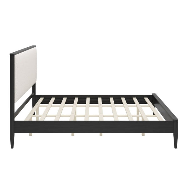 English Elm Mid-Century King Platform Bed Boucle Upholstered Headboard Solid Wood Tapered Legs Black N701P473015B