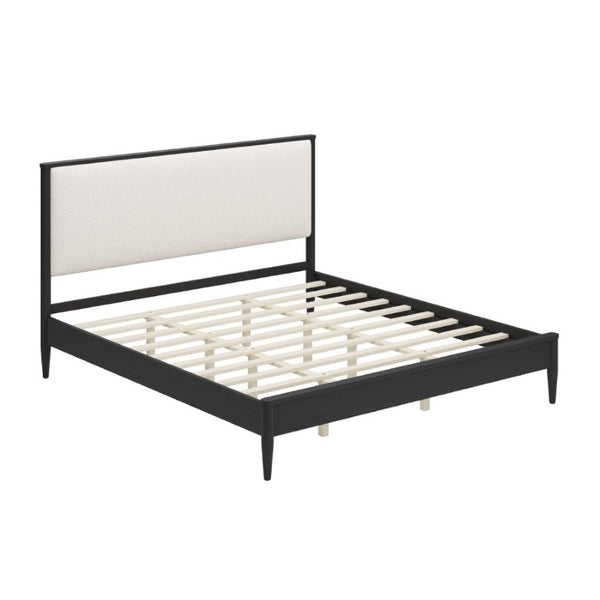 English Elm Mid-Century King Platform Bed Boucle Upholstered Headboard Solid Wood Tapered Legs Black N701P473015B