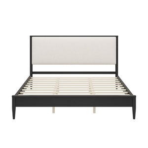 English Elm Mid-Century King Platform Bed Boucle Upholstered Headboard Solid Wood Tapered Legs Black N701P473015B