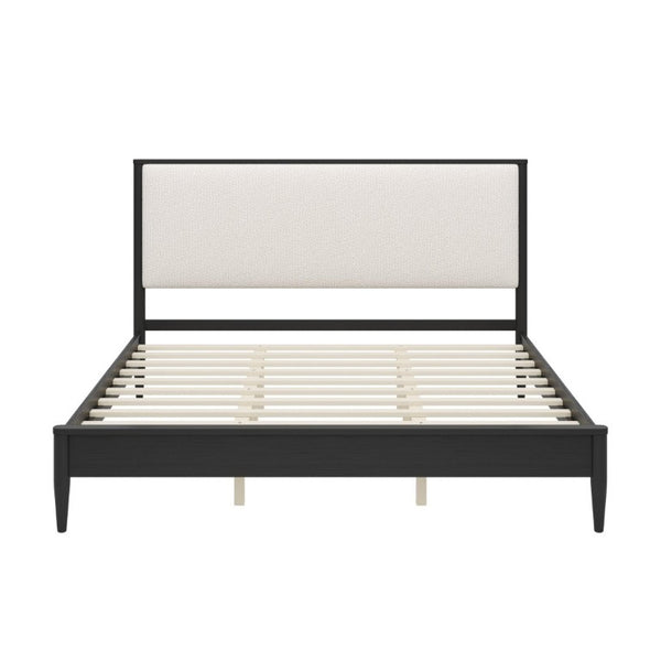 English Elm Mid-Century King Platform Bed Boucle Upholstered Headboard Solid Wood Tapered Legs Black N701P473015B
