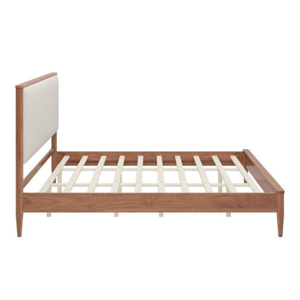 English Elm Mid-Century King Platform Bed Boucle Upholstered Headboard Solid Wood Tapered Legs Walnut N701P473015D