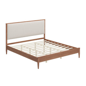 English Elm Mid-Century King Platform Bed Boucle Upholstered Headboard Solid Wood Tapered Legs Walnut N701P473015D
