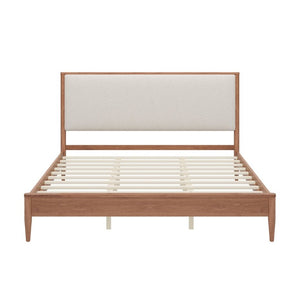 English Elm Mid-Century King Platform Bed Boucle Upholstered Headboard Solid Wood Tapered Legs Walnut N701P473015D