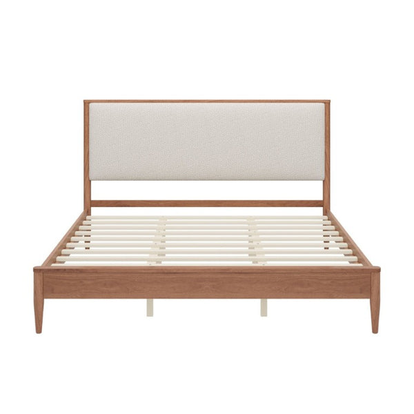 English Elm Mid-Century King Platform Bed Boucle Upholstered Headboard Solid Wood Tapered Legs Walnut N701P473015D