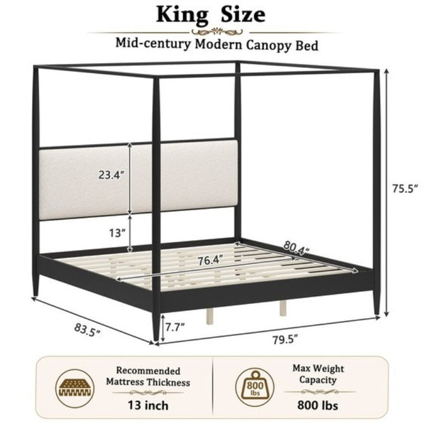 English Elm Mid-Century King Canopy Bed Solid Wood Frame Boucle Headboard Four Poster Design N701P478589B