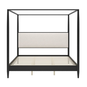 English Elm Mid-Century King Canopy Bed Solid Wood Frame Boucle Headboard Four Poster Design N701P478589B