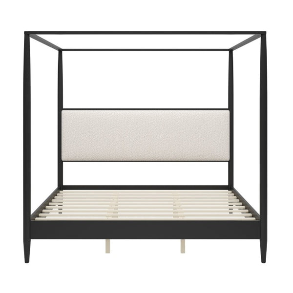 English Elm Mid-Century King Canopy Bed Solid Wood Frame Boucle Headboard Four Poster Design N701P478589B