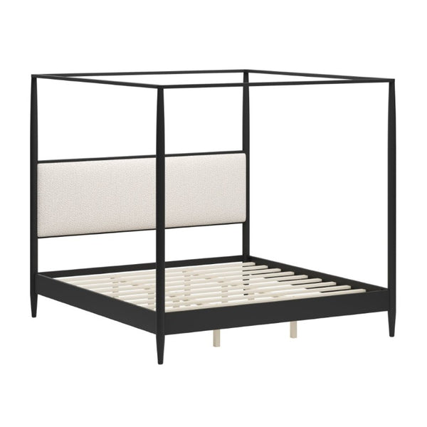 English Elm Mid-Century King Canopy Bed Solid Wood Frame Boucle Headboard Four Poster Design N701P478589B