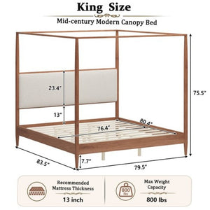 English Elm Mid-Century Canopy King Bed Walnut Rubberwood Frame Boucle Headboard Four Poster N701P478589D