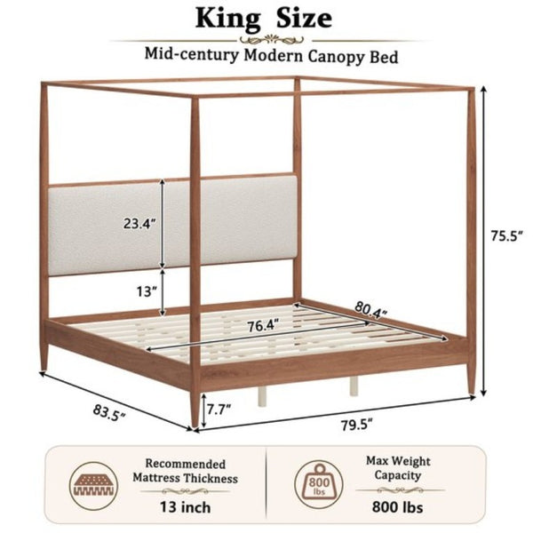 English Elm Mid-Century Canopy King Bed Walnut Rubberwood Frame Boucle Headboard Four Poster N701P478589D