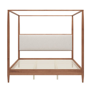 English Elm Mid-Century Canopy King Bed Walnut Rubberwood Frame Boucle Headboard Four Poster N701P478589D
